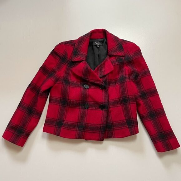 Talbots Wool Alpaca Pea Coat Jacket Double Breast Buffalo Plaid Red Black Petite - Picture 1 of 9